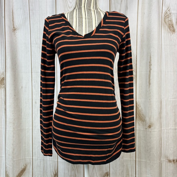Isabel Maternity by Ingrid & Isabel Tops - Isabel Maternity Tee Long Sleeve Side Rouging Comfy Striped Black Orange Size XS